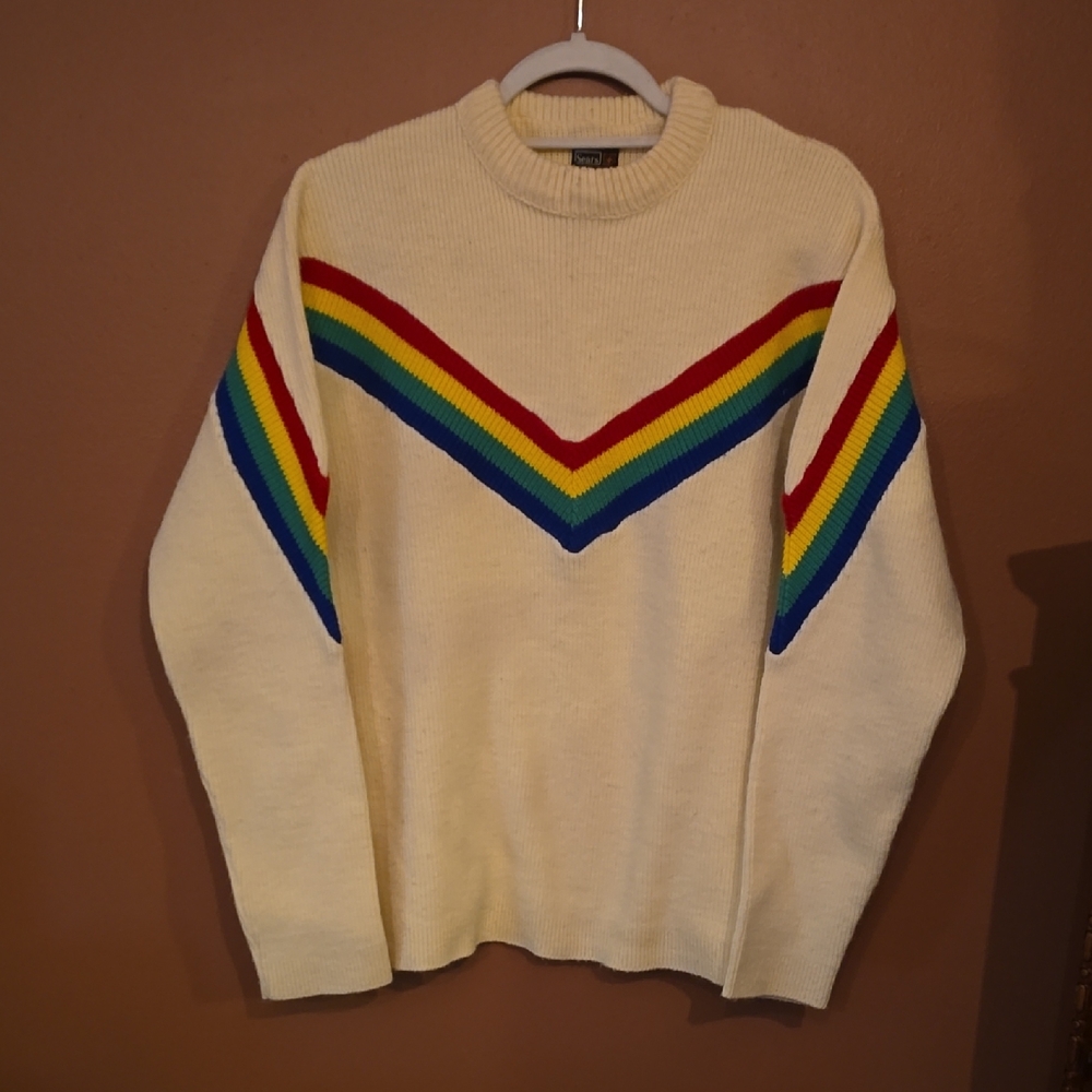 Vintage Sears Cream Sweater with Rainbow Stripes c. 1980